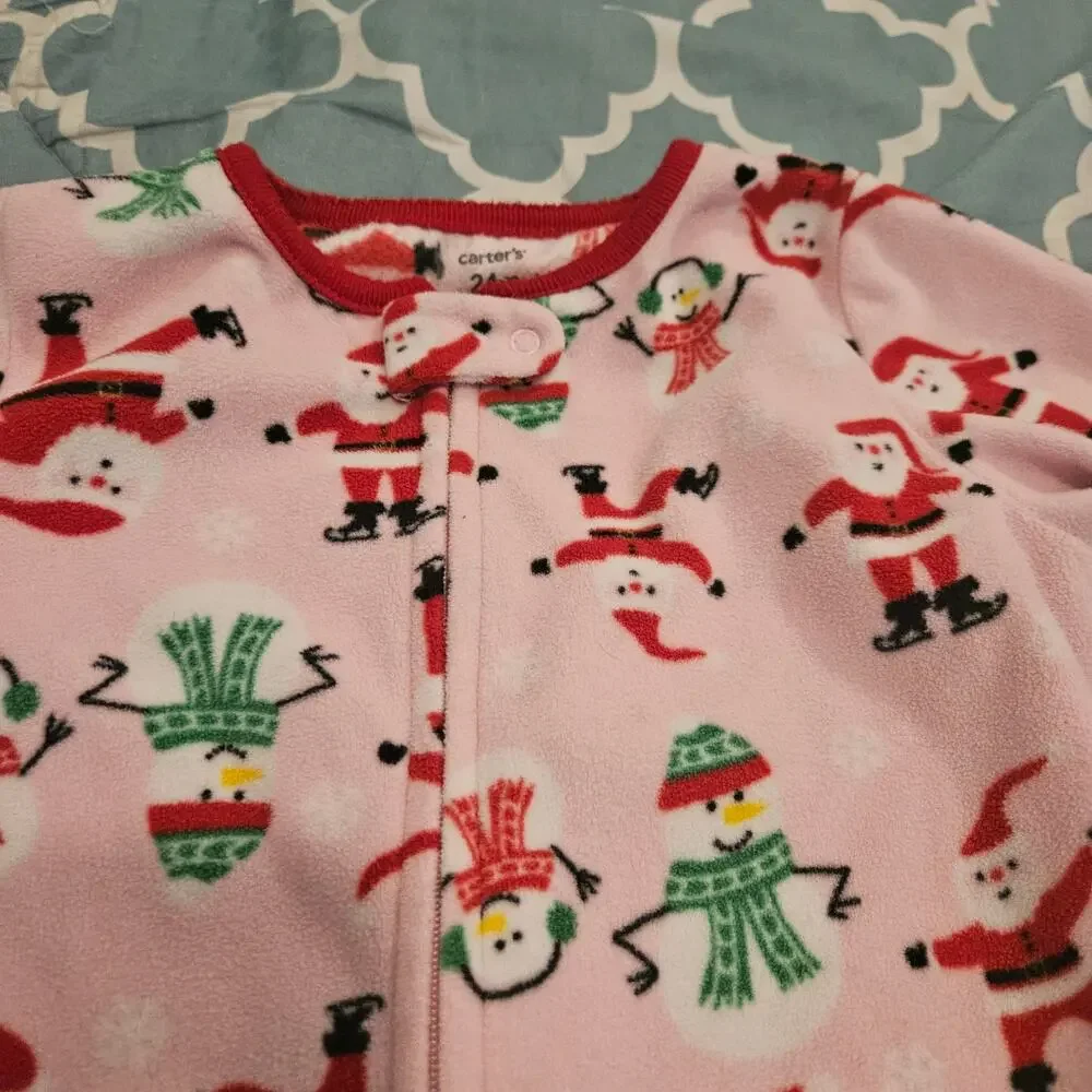 Carter’s 24M Christmas Fleece Footed Pajamas Pink Santa Snowman Sleeper Girls